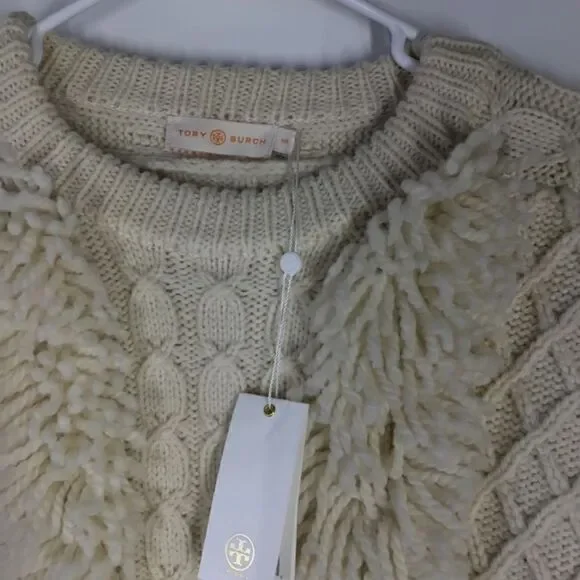 Tory Burch Cream Ivory Cable Knit Wool Fringe Pullover Sweater Women’s Size M - Picture 12 of 16
